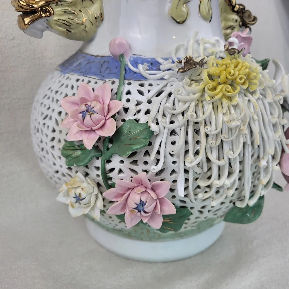 Vintage Large Porcelain Dragon Handle Reticulated Floral Vase Gold‎ Gilt 17 Inch